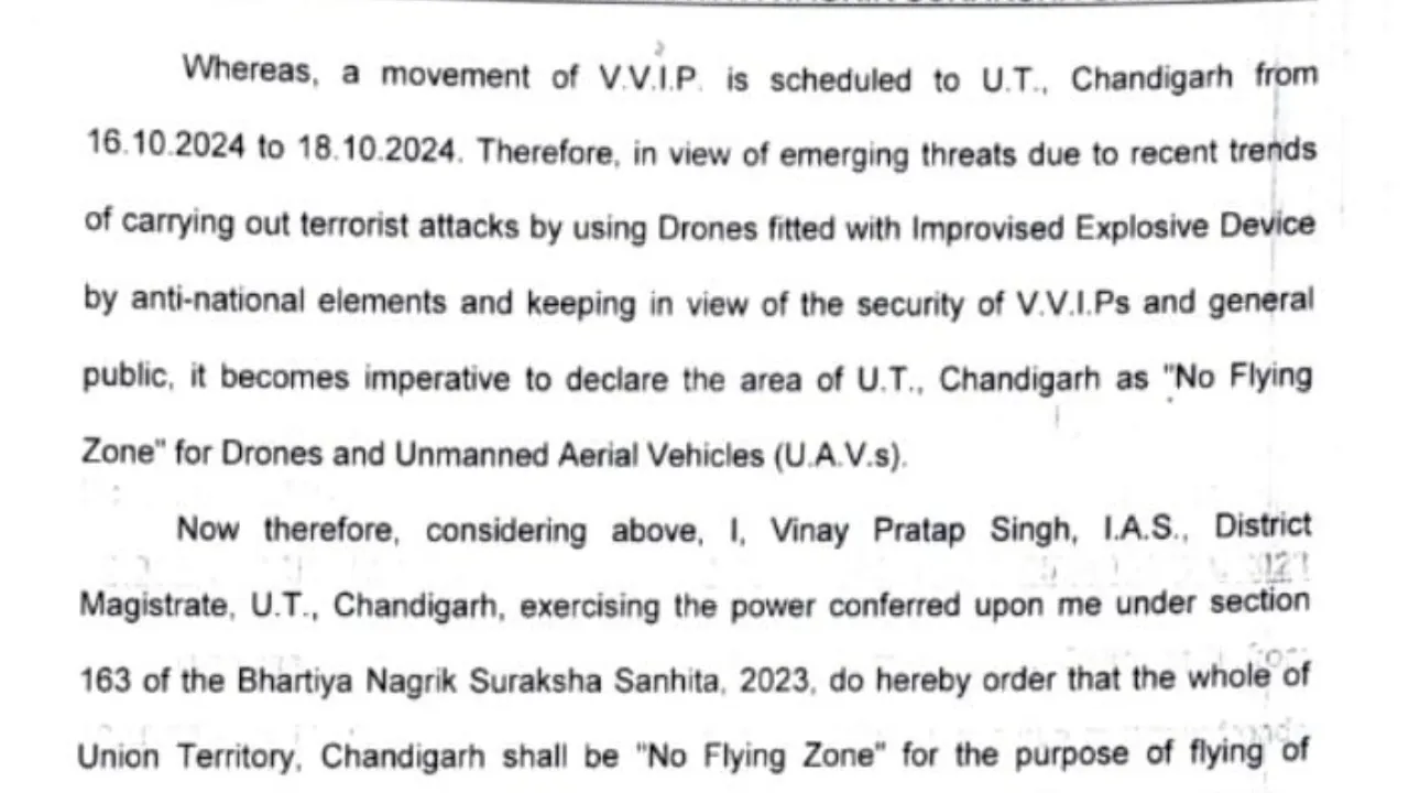 16 अक्टूबर से 18 अक्टूबर तक ड्रोन उड़ाया तो होगी फआईआर, वीवीआईपी सिक्योरिटी के चलने डिप्टी कमिश्नर चंडीगढ़ ने दिया आदेश